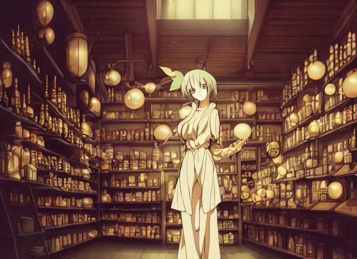 Image similar to lomography, anime, portrait of a young woman in a alchemist's potion shop interior shopping, glowing, haruhiko mikimoto, hisashi eguchi, lodoss, dynamic pose and perspective, dramatic lighting, detailed facial features, rounded eyes, sharpened image, yoshinari yoh