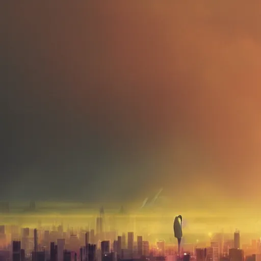 Image similar to « futuristic city, cyberpunk, blade runner, sunrise, morning, girl watching the sky, ground view to the top »