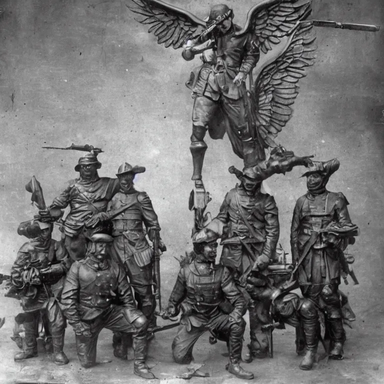 Image similar to US cavalry soldiers pose in front of an archangel as the the one with the flaming sword 1900.