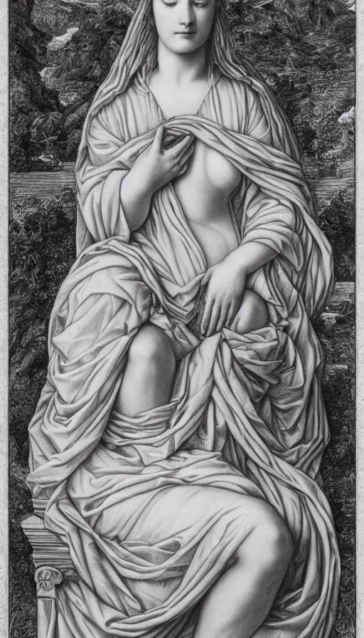 Image similar to the empress by evelyn de morgan, black and white graphite drawing, fertility, nature, sitting in a stone throne