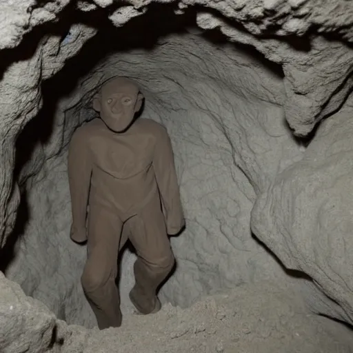 Prompt: found footage of a man made of grayish clay emerging from a wall inside of a cave made of grayish clay, creepy, flash photography, unsettling, moist