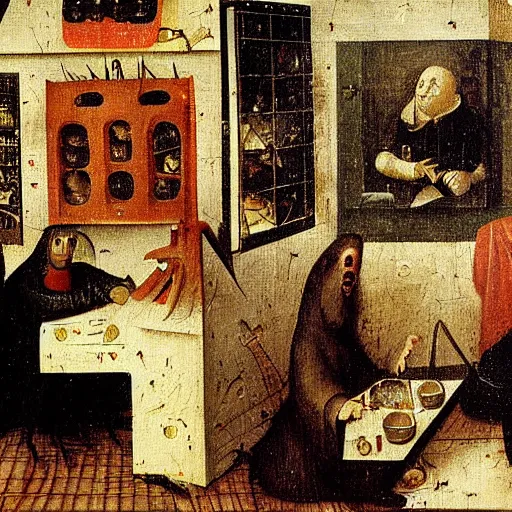 Prompt: inside a waffle makers house, angry, painting by hieronymus bosch,