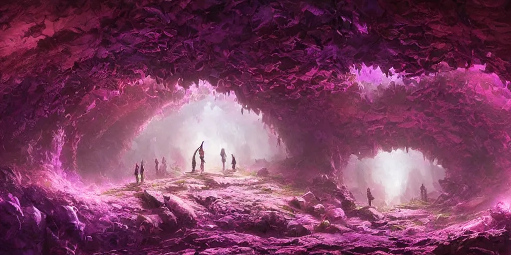 Image similar to zoomed out landscape, beautiful hyper realistic zergling tunnel in cave of purple crystals, beautiful painting by greg rutkowski, atmosphere, ethereal, magic, amazing, positive vibes