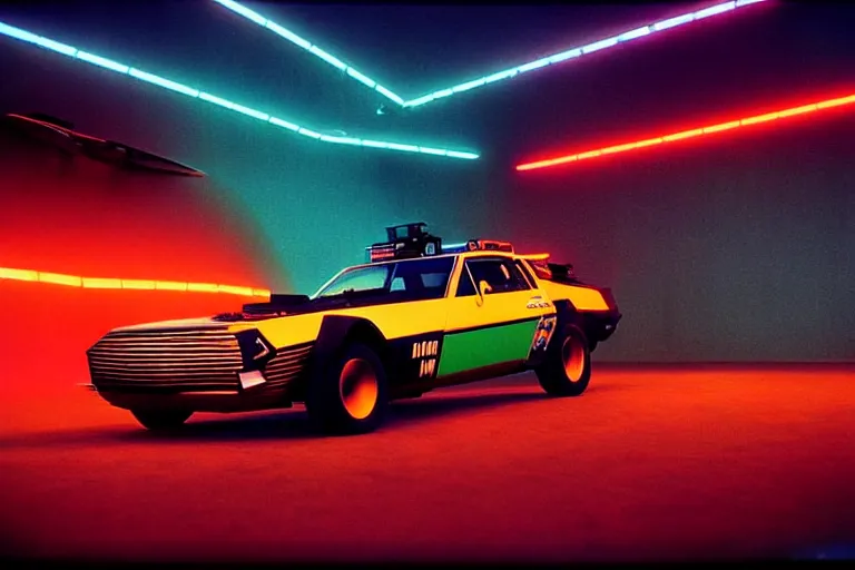 Image similar to designed by memphis group stylized poster of mad max's pursuit special, the last v 8 interceptor, thick neon lights, ektachrome photograph, volumetric lighting, f 8 aperture, cinematic eastman 5 3 8 4 film