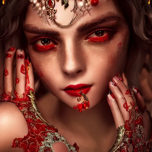 Image similar to wonderful princess with smooth fair skin, alluring eyes, red jewelry, breathtaking, elegant, intricate, ornate backdrop, hyper detailed, accent lighting, 4 k glamour photography, octane render