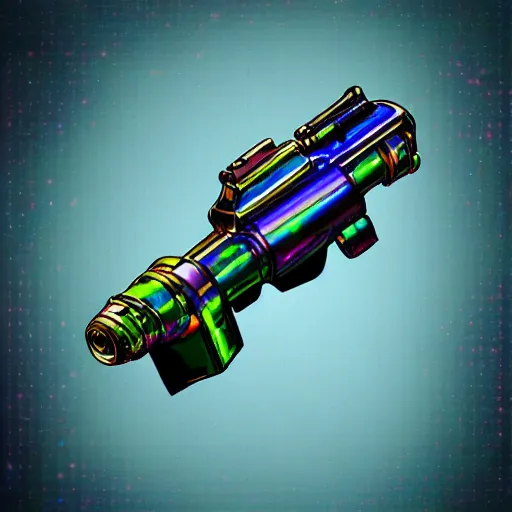 Prompt: unstable exotic matter powered raygun, well defined mechanical features, triadic chrome shading, iridescent liquid energy tank, dark background, softglow, vintage style