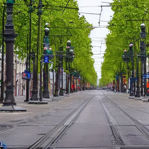 Image similar to Saint-Petersburg main street has trees and tram but without any car