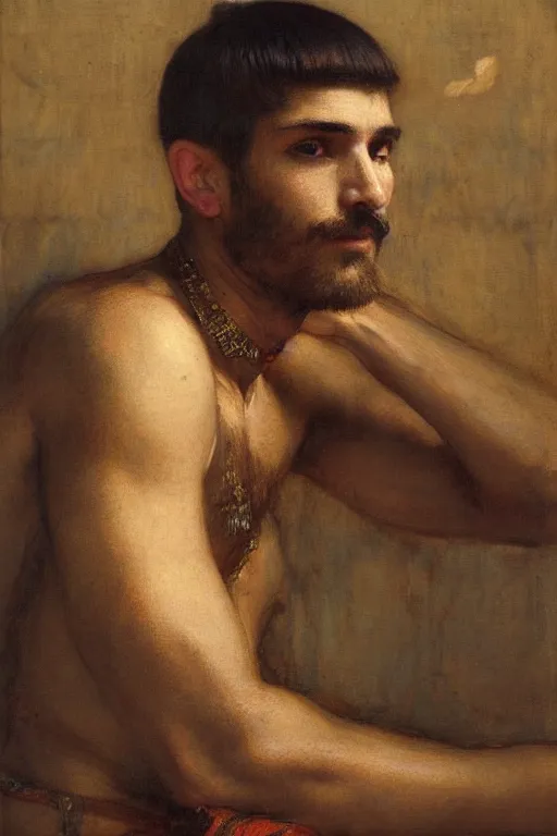 Image similar to attractive male, orientalist intricate portrait by john william waterhouse and edwin longsden long and theodore ralli and nasreddine dinet, hyper realism, dramatic lighting