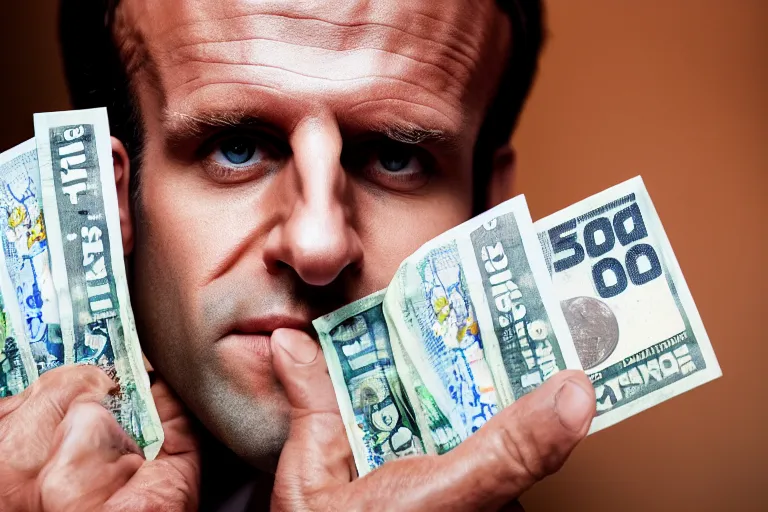 Image similar to close up portrait of emmanuel macron holding bags of money, photograph, natural light, sharp, detailed face, magazine, press, photo, steve mccurry, david lazar, canon, nikon, focus