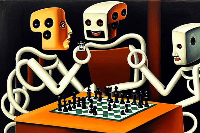 Image similar to portrait of two robots playing chess, highly detailed, painting by otto dix, 8 k