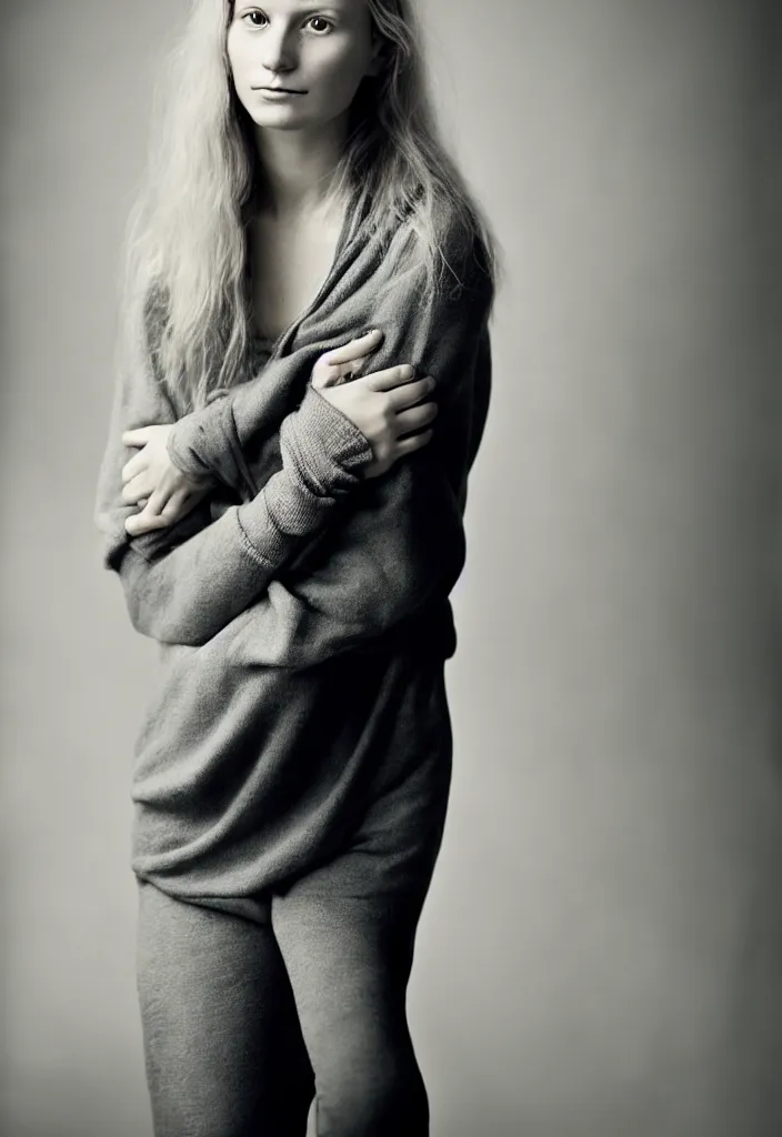 Image similar to portrait of a beautiful young scandinavian woman. casual clothing. studio photo by annie leibovitz.