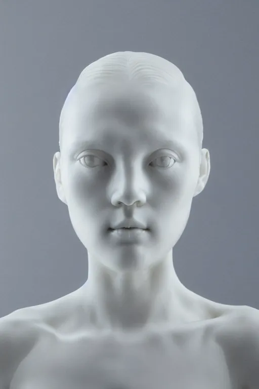 Image similar to full head and shoulders, beautiful female white, porcelain sculpture, with huge perspex bubbles attached to head, by daniel arsham and james jean, on a white background, delicate facial features, white eyes, white lashes