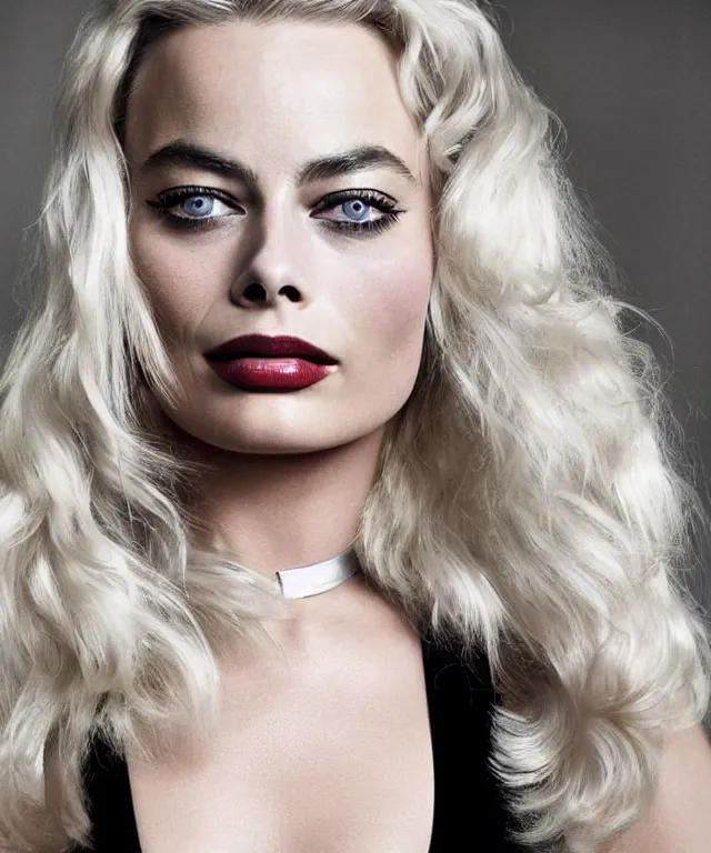 Image similar to a color photograph of margot robbie, by diane arbus, platinum blond, intense, bold, exaggerated, ultra sharp, extra details, ultra high quality, trending on pinteresst