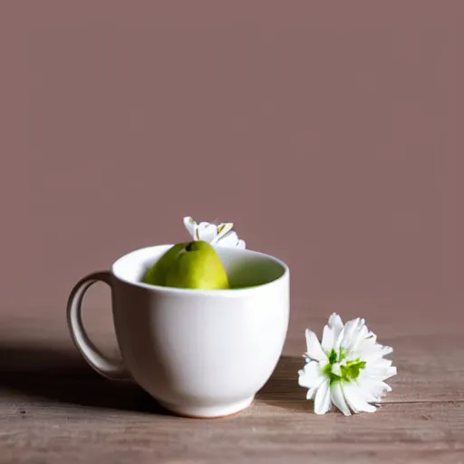 Image similar to ceramic mug surrounded by white flowers, green leaves, and pears, soft zen minimalist, white background, bright, crisp