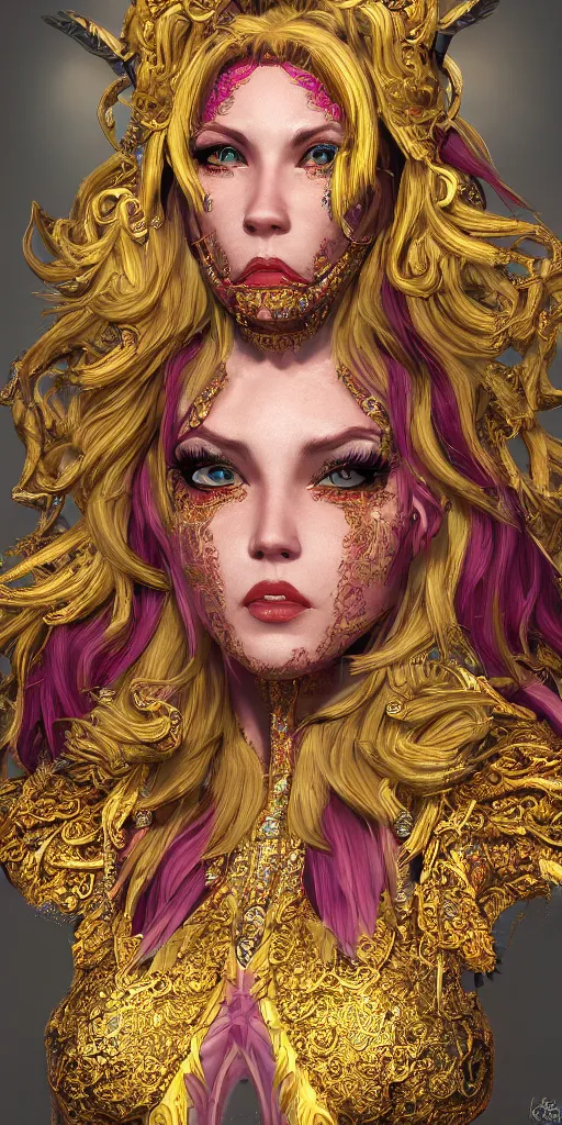 Image similar to portrait of karen 0, realistic, 4 k, fine details, wearing an ornate costume, concept art, high art, colorful