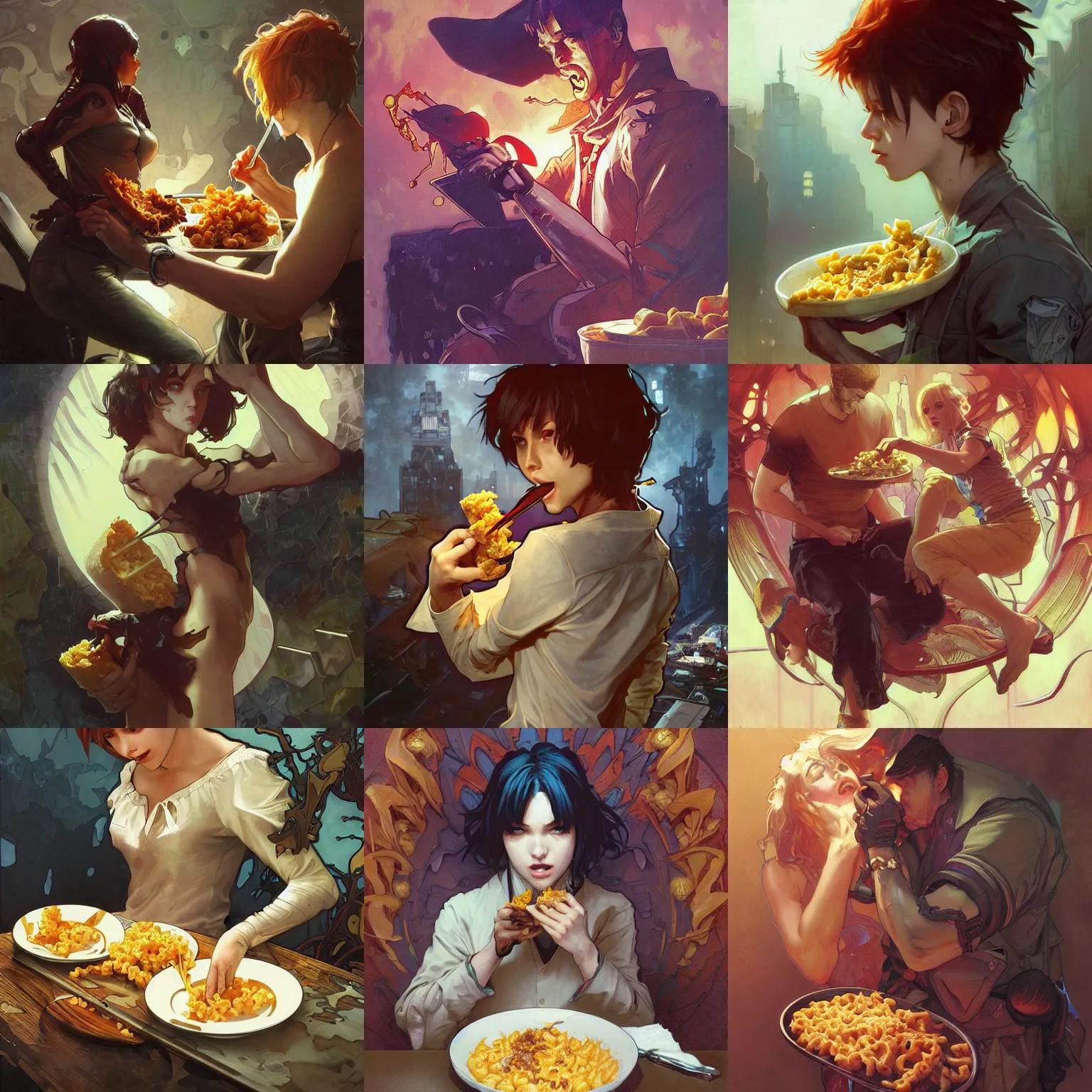 Prompt: leon kennedy eating mac and cheese, art by Artgerm and Greg Rutkowski and Alphonse Mucha and Craig Mullins and James Jean and Andrei Riabovitchev and Marc Simonetti and peter mohrbacher, sharp focus, ominous, cosmic horror, trending on artstation, Ultra detailed, hyper realistic