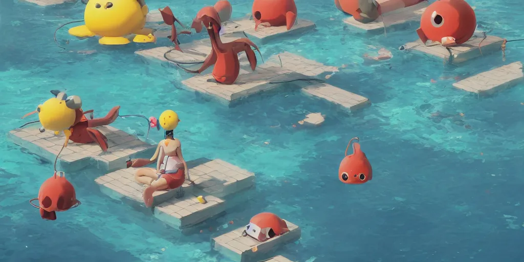 Prompt: cute anime monsters wearing floats at the swimming pool by Goro Fujita and Simon Stalenhag , 8k, trending on artstation, hyper detailed, cinematic