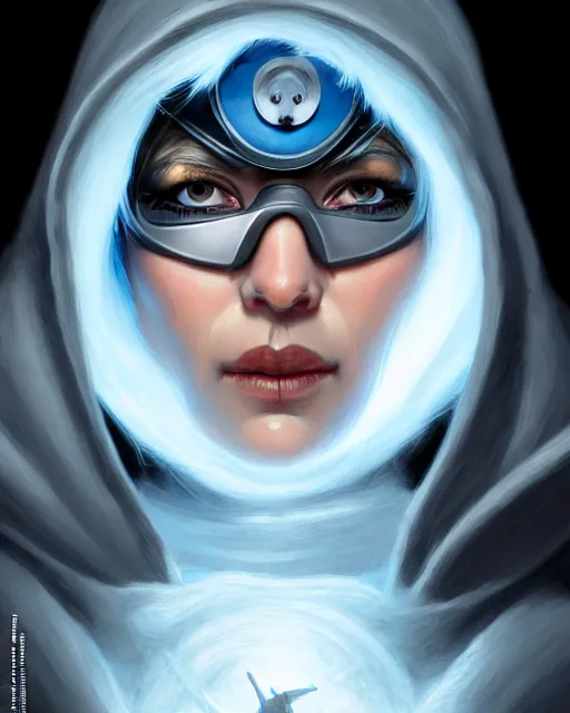 Prompt: ana from overwatch, eye patch, older woman, gray hair, blue hooded cloak, character portrait, portrait, close up, highly detailed, intricate detail, amazing detail, sharp focus, vintage fantasy art, vintage sci - fi art, radiant light, caustics, by boris vallejo