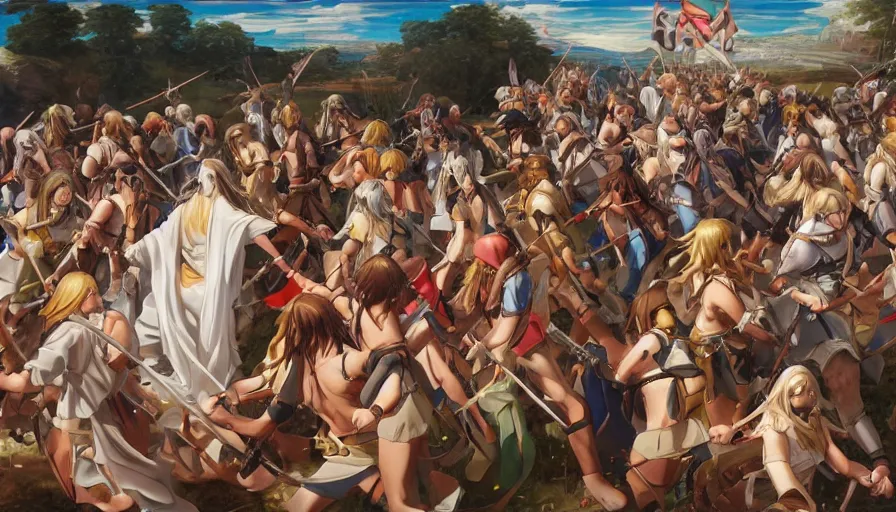 Prompt: jesus christ our lord leading an army of anime girls into battle, photorealistic, anime, mini skirt, long hair, renaissance painting, hyper real, detailed, closeup shot, ultra detailed