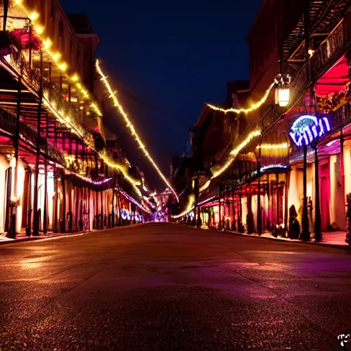 Image similar to golf carts driving down bourbon street in new orleans at night. cinematic lighting