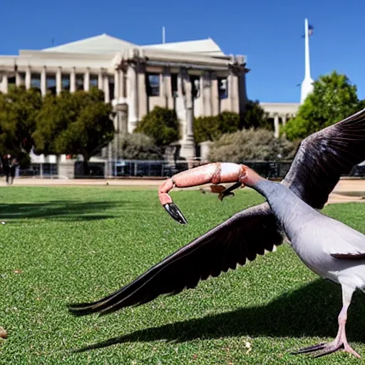 Image similar to shrimp fighting a pigeon in front of Canberra Parliament House