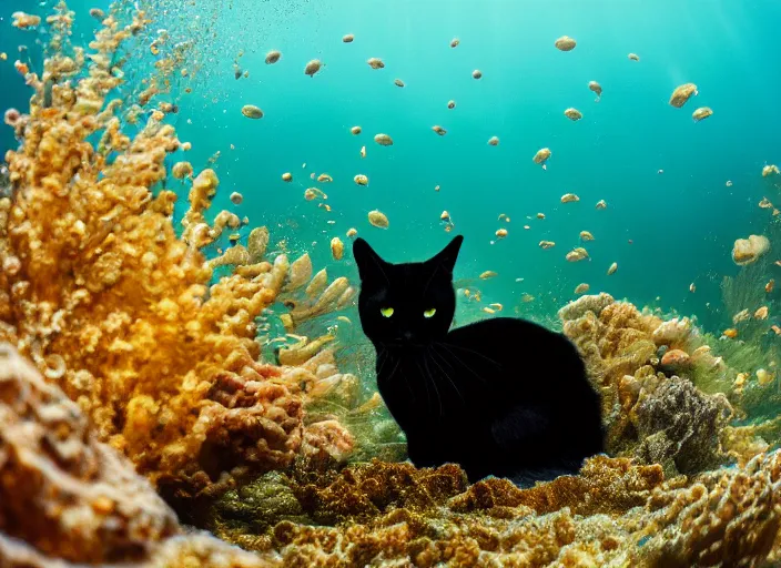 Image similar to a photograph of a black cat swimming deep in the ocean among fish, focus shot, 35mm film, award winning photography, National Geographic, 8k resolution, ultra detail, underwater sun lighting