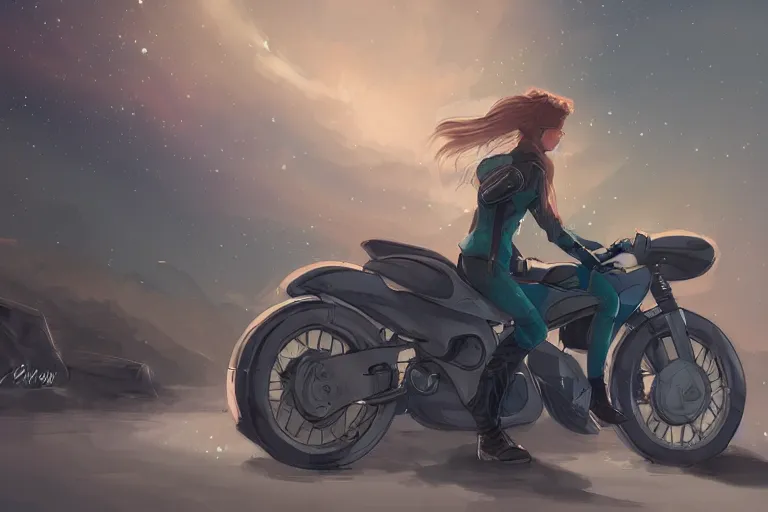 Image similar to a girl is riding a motorbike, digital painting, artstation, the space background,concept art, illustration,