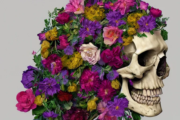 Prompt: human skull made of flowers, artstation, illustration, hd, hq, high resolution, high detail, 4 k, 8 k