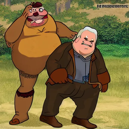 Image similar to ugly old fat man and his strong handsome friend hunting monsters