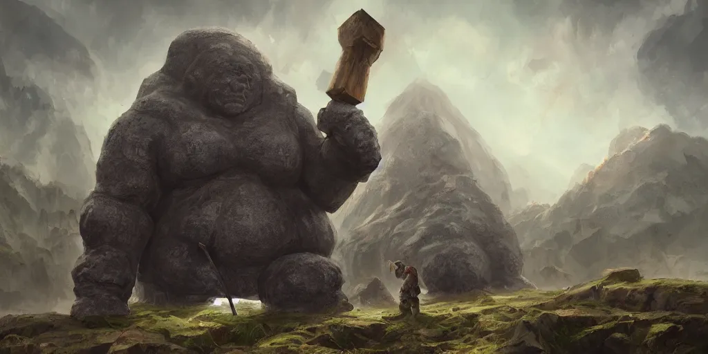 Image similar to a huge golem holding a huge hammer in the middle of a valley, wlop, concept art, digital painting, trending on artstation, highly detailed, epic composition, 8 k uhd