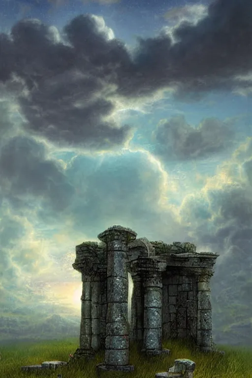 Prompt: digital painting detailed mystical ruins druid stone under a magic sky by James gurney