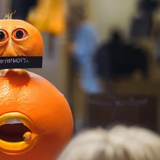 Image similar to a taxidermized annoying orange, in a museum, 8 5 mm lens, 7 0 mm entrance pupil diameter