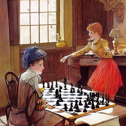 Image similar to a rabbit and a young edwardian woman playing chess in a room, in the style of carl larsson