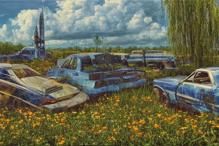 Prompt: hyperrealism, scene from church, blue grass, thunderstorm, starship, junkyard, louisiana swamps, orange blooming flowers garden, 8 k, 8 0 s japanese sci - fi books art