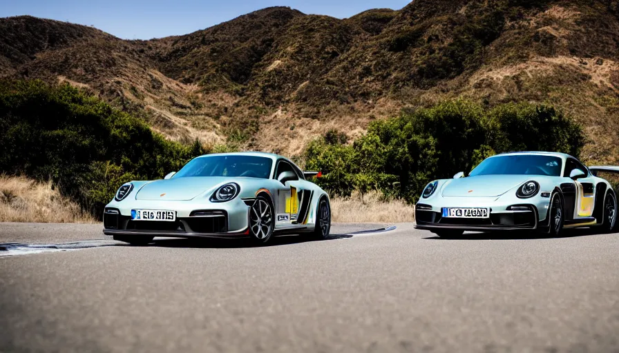 Image similar to photograph, PORSCHE RSR, IROC, Peter Singhof, press release, cinematic, malibu canyon, 8k, depth of field, bokeh. rule of thirds,