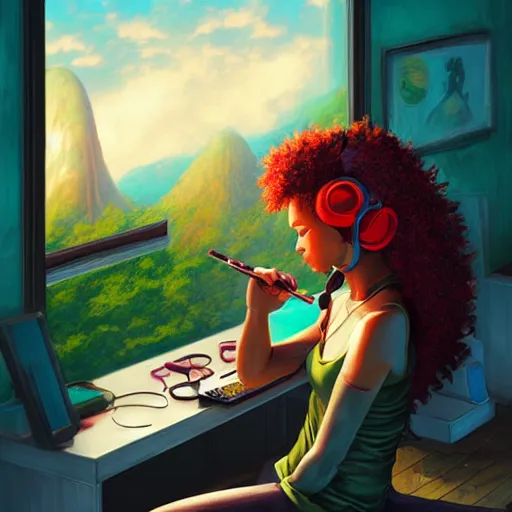 Image similar to lo-fi colorful masterpiece by Ross Tran, WLOP, Dan Mumford, Christophe Vacher, painting, black girl, curly hair, with headphones, studyng in bedroom, window with rio de janeiro view, lo-fi illustration style, by WLOP, by loish, by apofis, alive colors