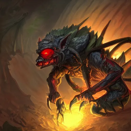 Prompt: a highly detailed goblin with coal colored skin and red eyes that glow, in a cave, like magic the gathering, goblin chainwalker, digital art, by christopher rush