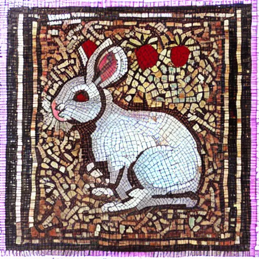 Image similar to a rabbit eating raspberries in the style of ancient mosaic