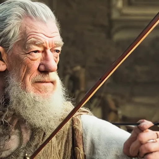 Image similar to sir ian mckellen playing odin all father from the thor movie, sir ian mckellen shooting arrows from his bow, highly detailed, cinematic shot, cinematic lighting, 8 k, exquisit facial detail