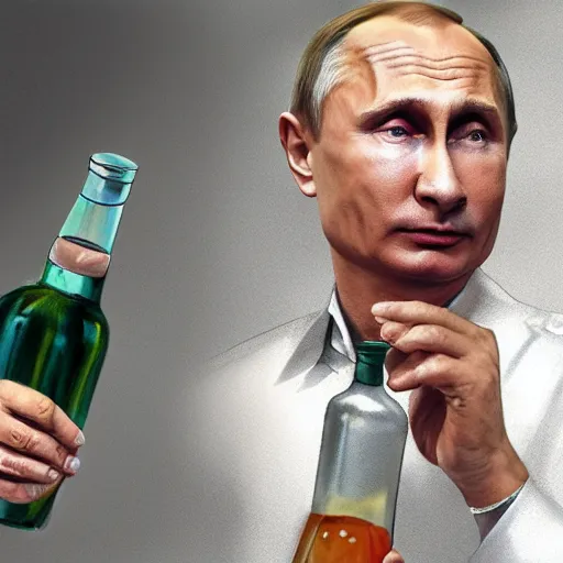 Image similar to vladimir putin wearing a mini skirt and holding a bottle of arak, cinematic, beautiful digital painting, hyper detailed