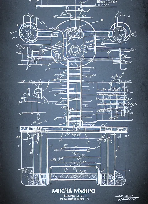 Prompt: mech to human mind uplink schematic by thomas hubert. in the style of a 1 9 8 3 patent design diagram