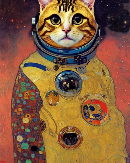 Image similar to cosmonaut cat portrait an oil painting splashes with many colors and shapes by gustav klimt greg rutkowski and alphonse mucha, polycount, generative art, psychedelic, fractalism, glitch art