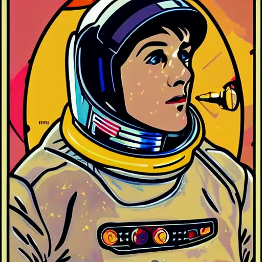 Prompt: astronaut portrait in the style of James Roper and Alphonse Mucha pop art