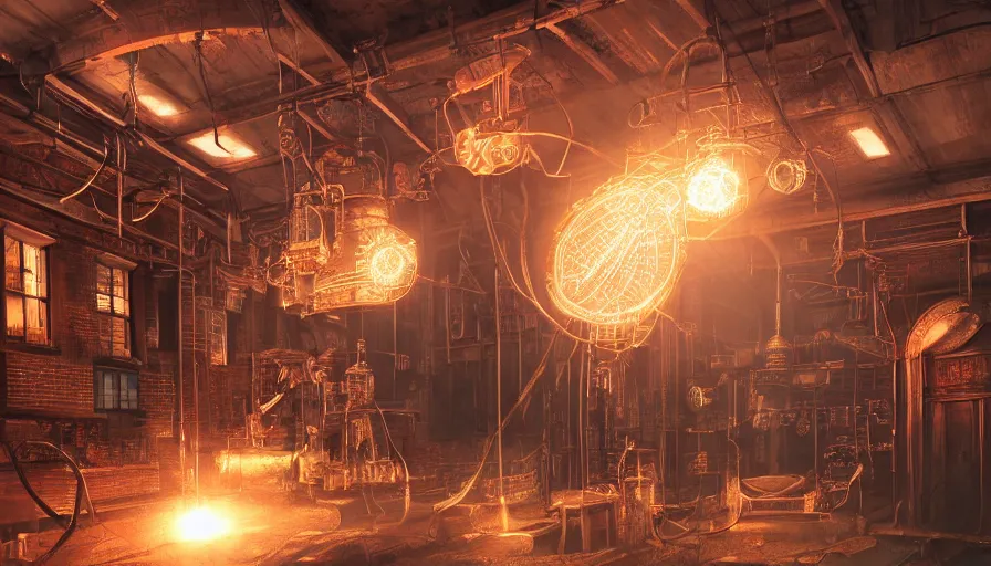 Prompt: A glowing electrical Steampunk solarpanel in a victorian museum, james gurney, cinematic lighting, lots of steam and sparks, wires made of copper, artstation, vibrant nature, Tuomas Korpi, tekkon kinreet, volumetric light, artstation, , octane render, redshift render, low angle camera, rich deep moody colors