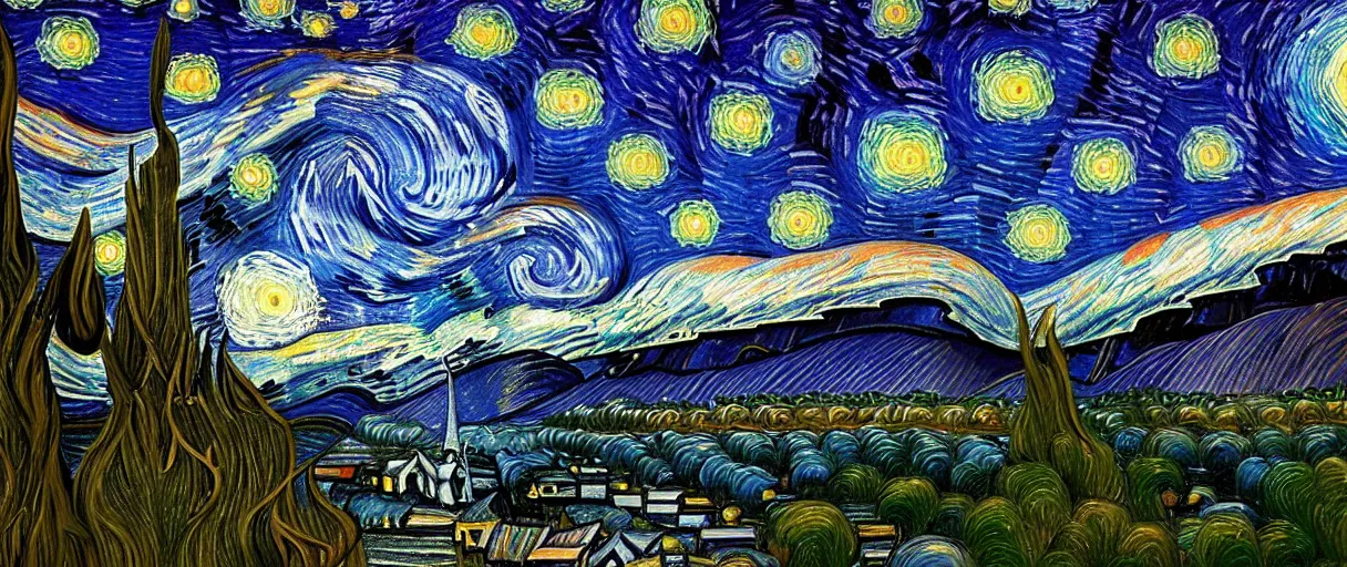 Image similar to digital painting of a ultra detailed starry night, Perseides meteor shower, ultra detailed hill top over behind a forest, large mountains in back, concept art, low angle, high detail, warm lighting, volumetric, godrays, vivid, beautiful, trending on artstation, by Jordan Grimmer, no focus, huge scene, ultra detailed trees, F11 aperture, levitating Buddhist monk dressed in yellow garment silhouette, in the style of ALBERT BIERSTADT