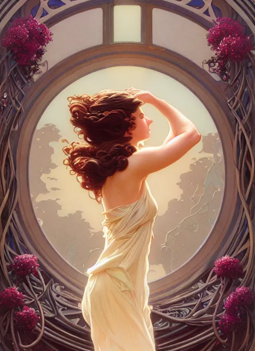 Prompt: leyendecker, michael whelan, beautiful french woman with long wavy hair, graceful arms, jewels, flowers, art nouveau, stephen bliss, unreal engine, by greg rutkowski, loish, ferdinand knab, ilya kuvshinov, rossdraws, tom bagshaw, alphonse mucha, global illumination, radiant light