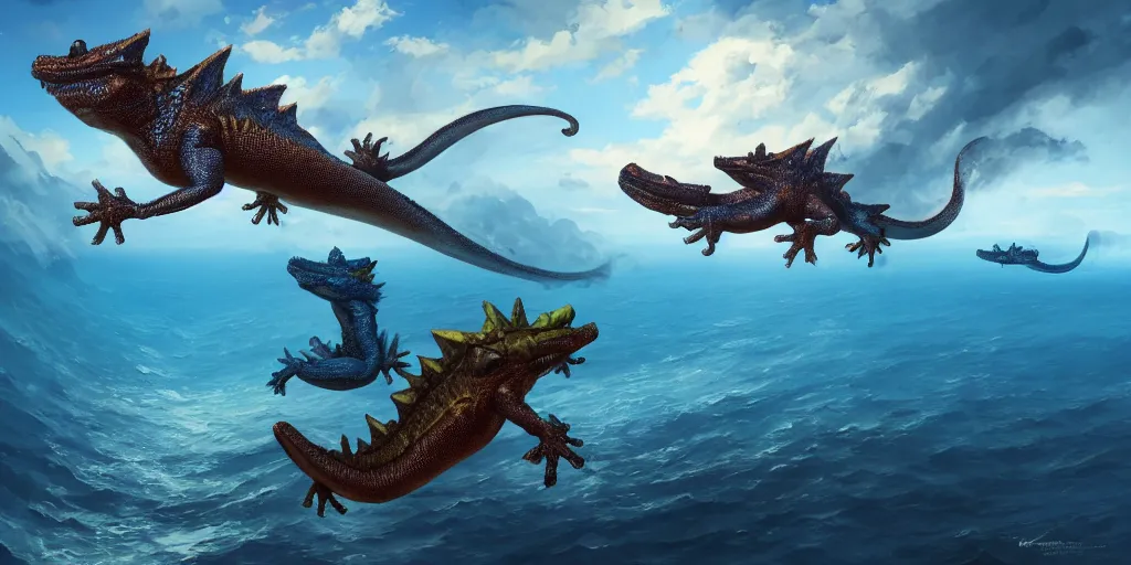 Image similar to Floating fantasy lizards over a blue ocean, Darek Zabrocki, Karlkka, Jayison Devadas, Phuoc Quan, trending on Artstation, 8K, ultra wide angle, pincushion lens effect.