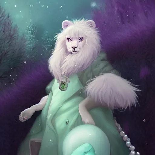 Image similar to aesthetic portrait commission of a albino male furry anthro lion under a lavender bubble filled while wearing a cute mint colored cozy soft pastel winter outfit with pearls on it, winter Atmosphere. Character design by charlie bowater, ross tran, artgerm, and makoto shinkai, detailed, inked, western comic book art, 2021 award winning painting