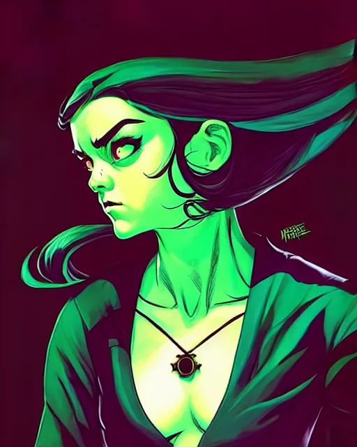 Image similar to rafael albuquerque comic art, peter mohrbacher, phil noto, artgerm, pretty evil maisie williams witch, black and green dress, symmetrical eyes