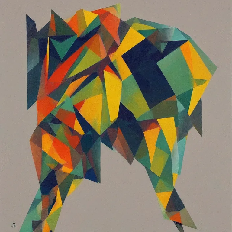 Prompt: Geometric creature. Rough brushstrokes. Rough background. Grainy. Fine details. Colourful but muted scheme. Painting by Pavel Lizano (2018)